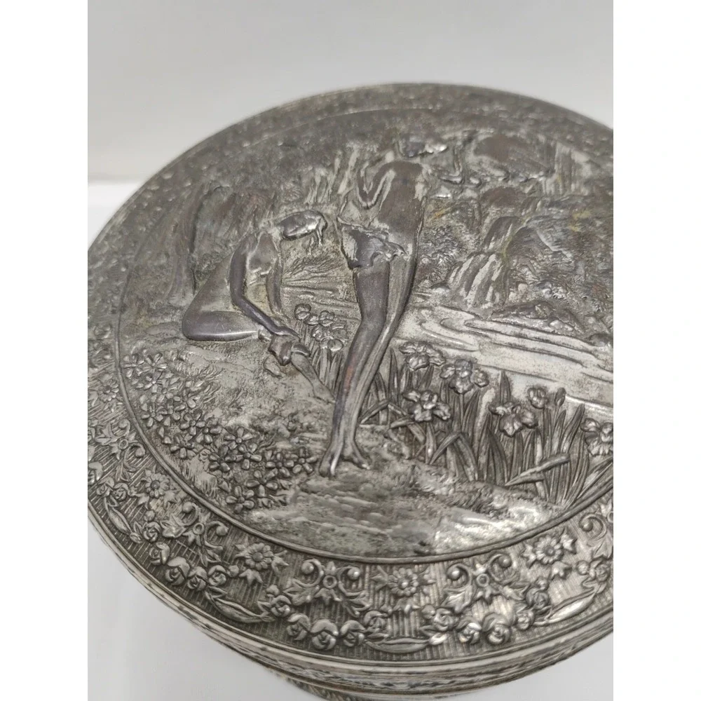 Japan Metal Trinket Dresser Box Risque Ladies Bathing At The Stream Vintage